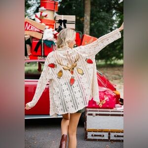 Judith March Cream Knit Cardigan with Reindeer Design, Size L, NWOT, Unique